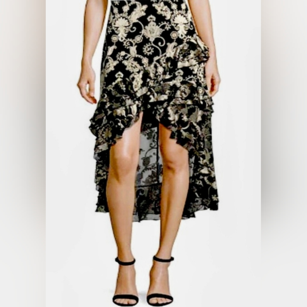 Alice + Olivia Sasha Black Silk Blend Tiered Ruffle Burnout Skirt, Hi-Low, Sz 12